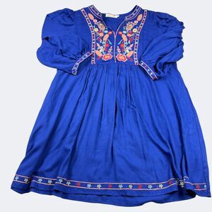 Solitaire Peasant Tunic Dress Blue Embroidered Boho V-Neck 3/4 Sleeve Casual L